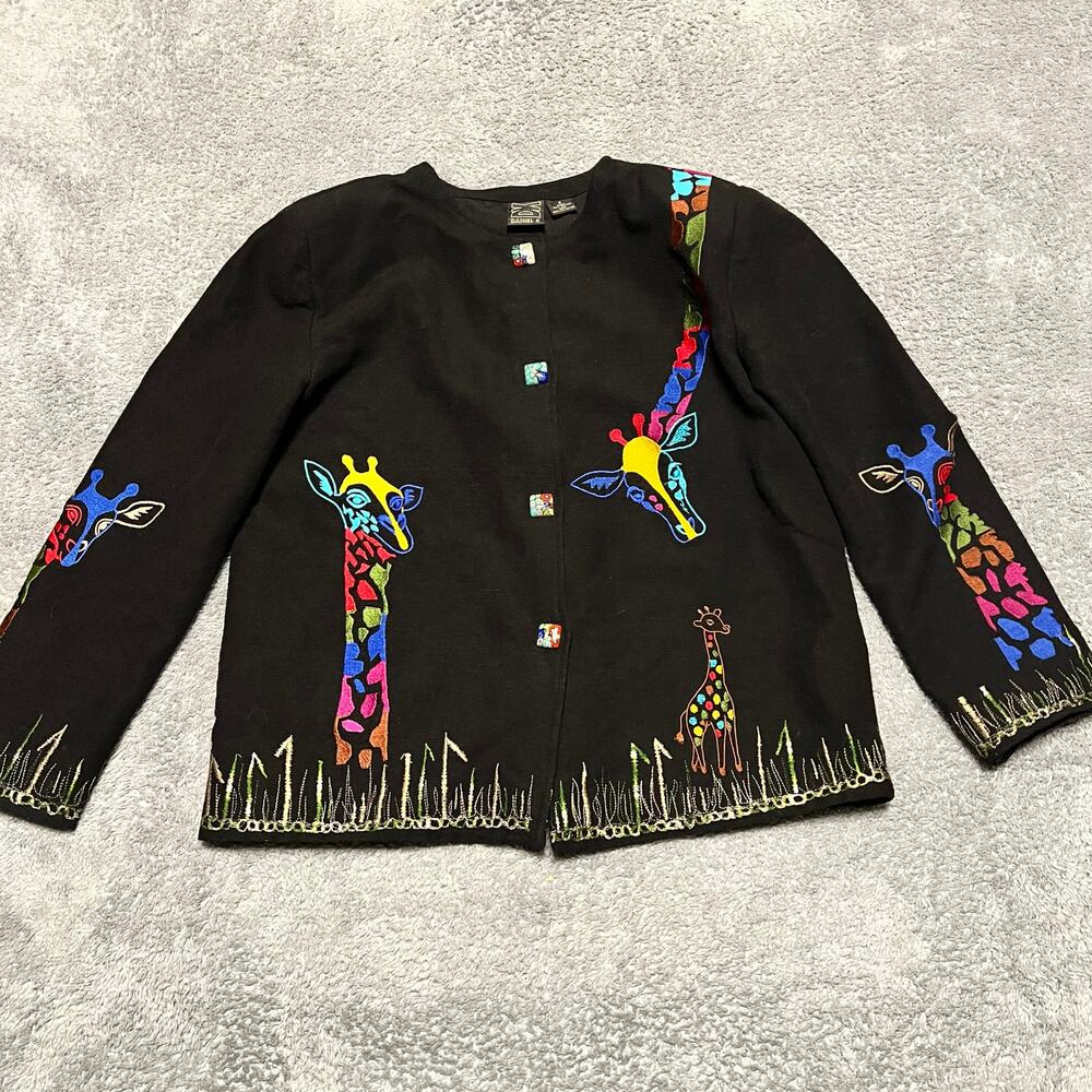 Daniel K Blazer Womens Small Vintage 90s Embroidered Giraffe Jacket Black